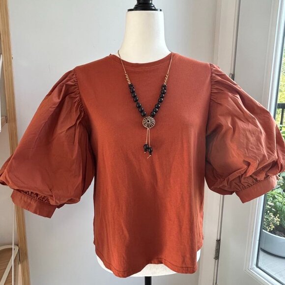 En Saison Orange / Rust Jersey Tee With Dramatic Sculpted Puff Sleeves – US S - Picture 2 of 7